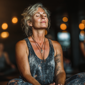 Група літніх людей займається йогою